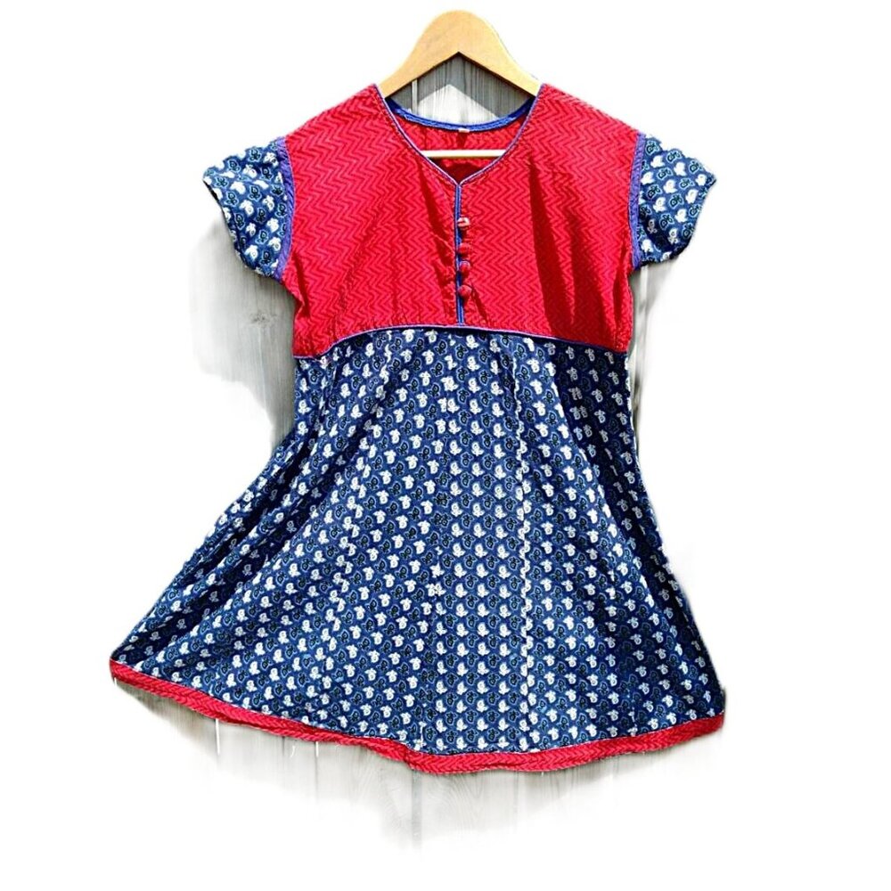 Tunic Top Dress Indian Block Printed Cotton 40" Bust 32" Length Red Blue